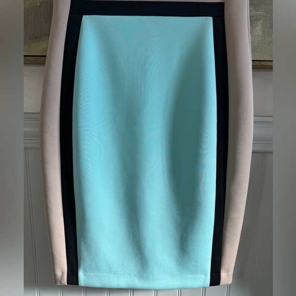CALVIN KLEIN Scuba Colorblock Sleeveless Sheath Dress Tan Baby Blue Black Size 8 - Picture 4 of 11